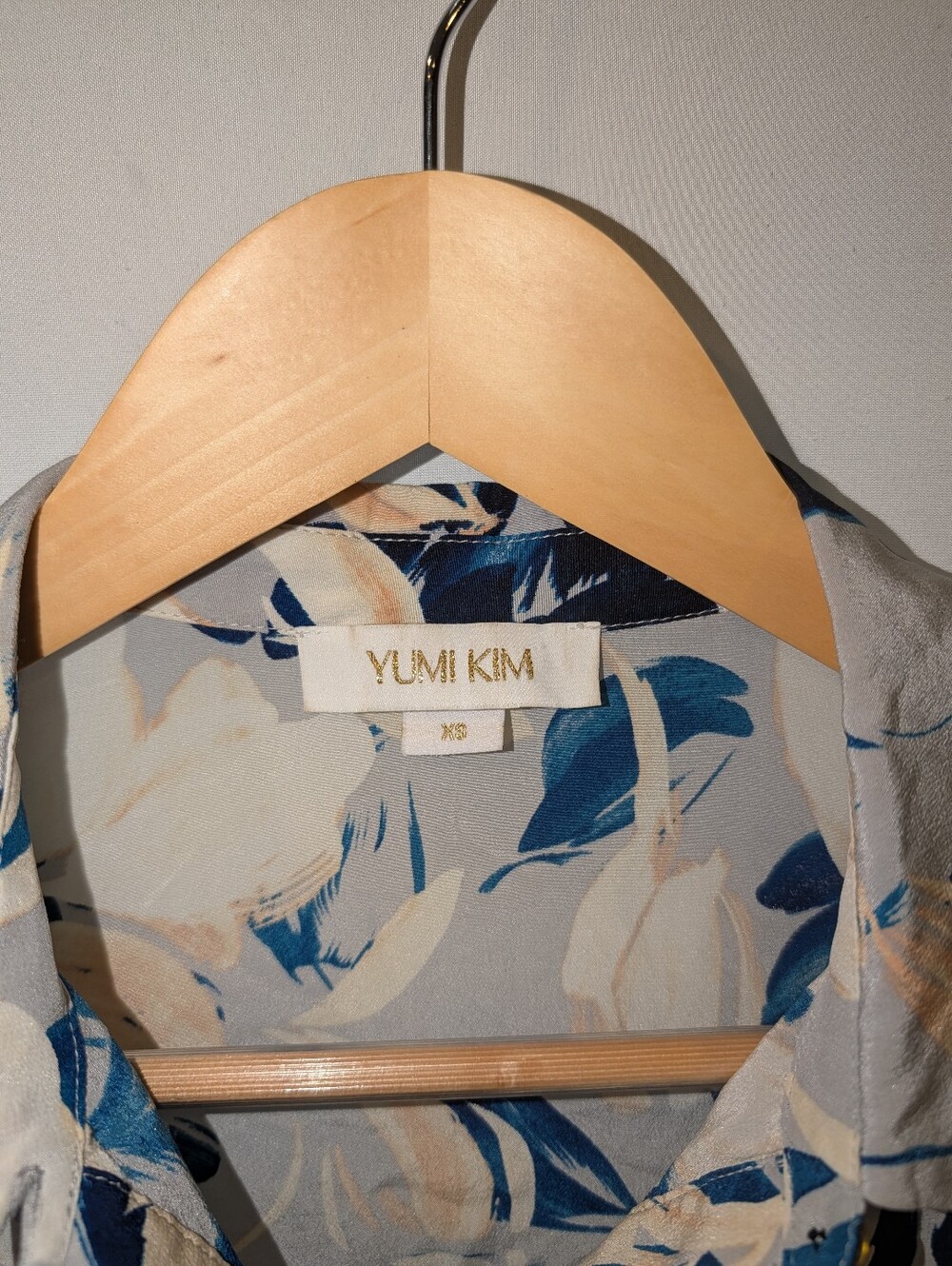 Yumi Kim Floral Silk Mini Button long sleeve shirt Dress Cream, Navy, Peach - Picture 3 of 8